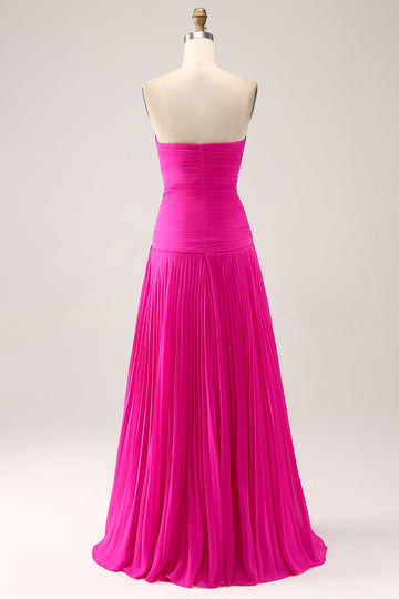 Fuchsia A Line Sweetheart Pleated Keyhole Long Formal Dress With Slit